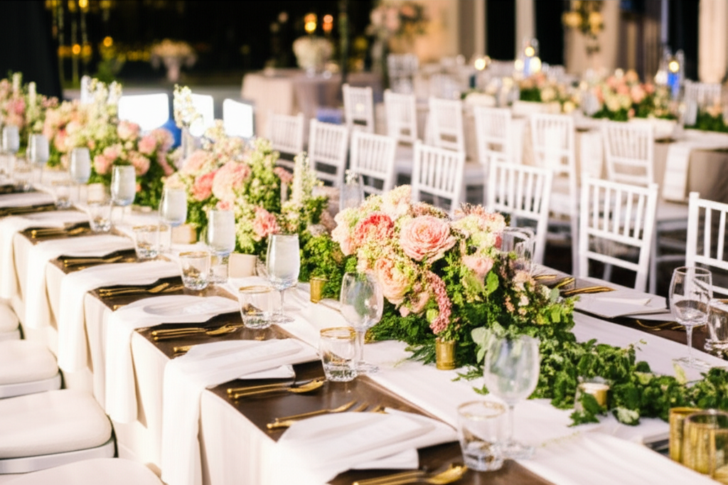 Elegant table and chair setup with white linens and floral centerpiece